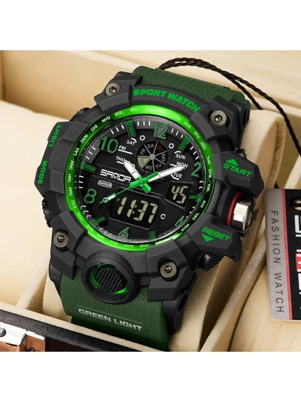 Men's Green Analog Quartz Waterproof Multi Function Tactics LED Digital Watch